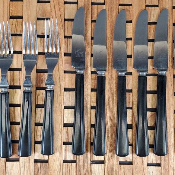 Vintage Bakelite-Handled Flatware Set – Elegant MCM Stainless Steel Black Handle - Picture 7 of 14